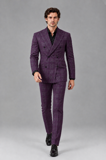Savile Men's Rust Plaid 2-Piece Double-Breasted Suit – Peak Lapel Slim-Fit Jacket & Trousers Set - Plum - Plum