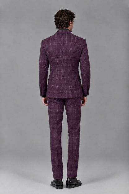 Savile Men's Rust Plaid 2-Piece Double-Breasted Suit – Peak Lapel Slim-Fit Jacket & Trousers Set - Plum - Plum
