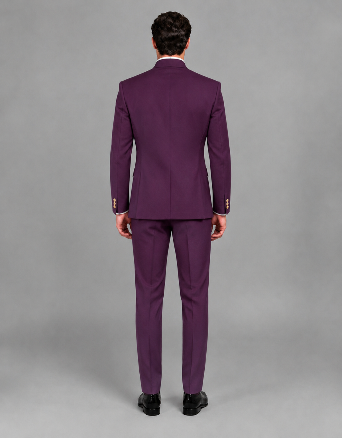 BOLODOO Men's Plum Asymmetrical Mandarin Collar Tuxedo Suit – Modern 2-Piece Gold Button Wedding, Prom & Gala Set - Plum - Plum_03