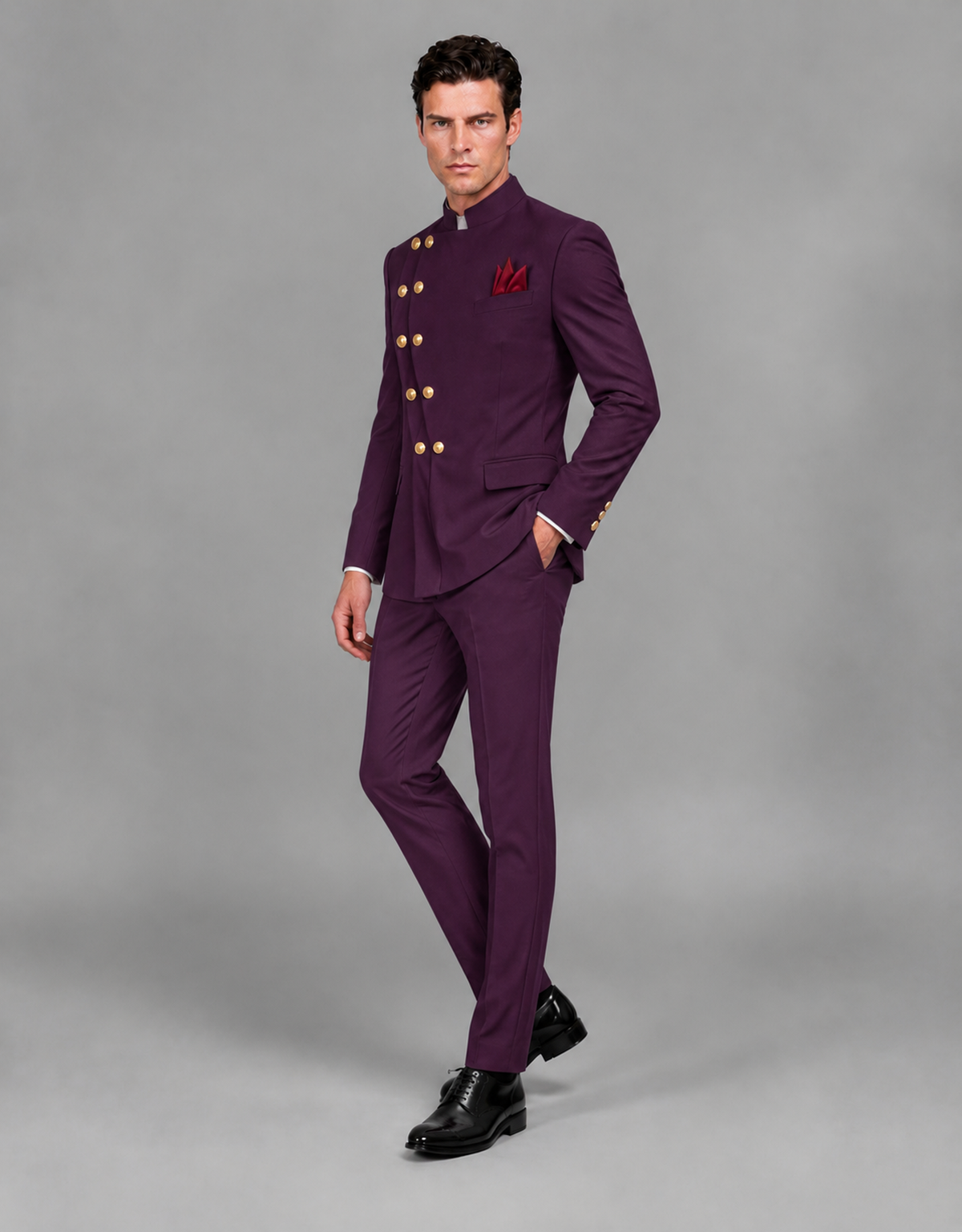 BOLODOO Men's Plum Asymmetrical Mandarin Collar Tuxedo Suit – Modern 2-Piece Gold Button Wedding, Prom & Gala Set - Plum - Plum_04