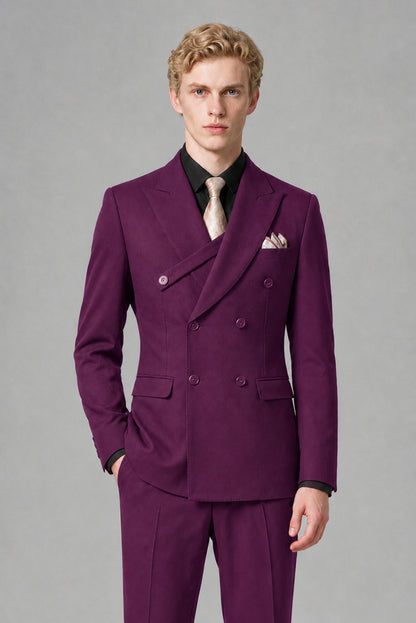 Savile Men's Plum Double-Breasted Two-Piece Suit - Plum