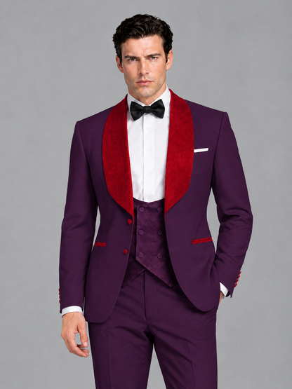 Savile Men's Plum 3-Piece Tuxedo Suit Set – Contrast Red Shawl Lapel Blazer, Red Waistcoat & Trousers - SUC020 - Plum