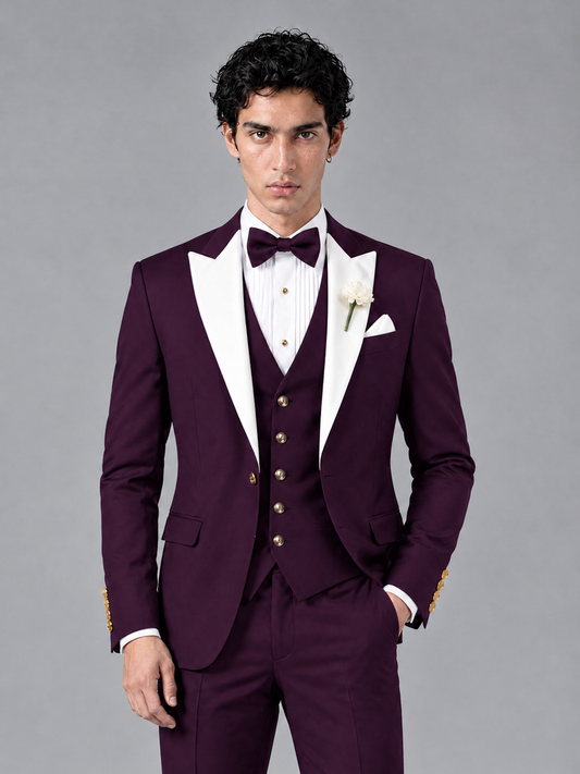 Savile Men's Plum Contrast White Peak Lapel 3-Piece Tuxedo Suit - Plum
