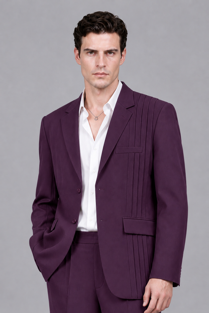 Savile Men's Plum Pleated 2-Piece Suit Set | Notch Lapel Blazer & Tailored Trousers - Plum - Plum_1