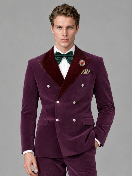 Savile Men's Plum Velvet Double-Breasted 2-Piece Tuxedo Suit with Burgundy Peak Lapel - Plum