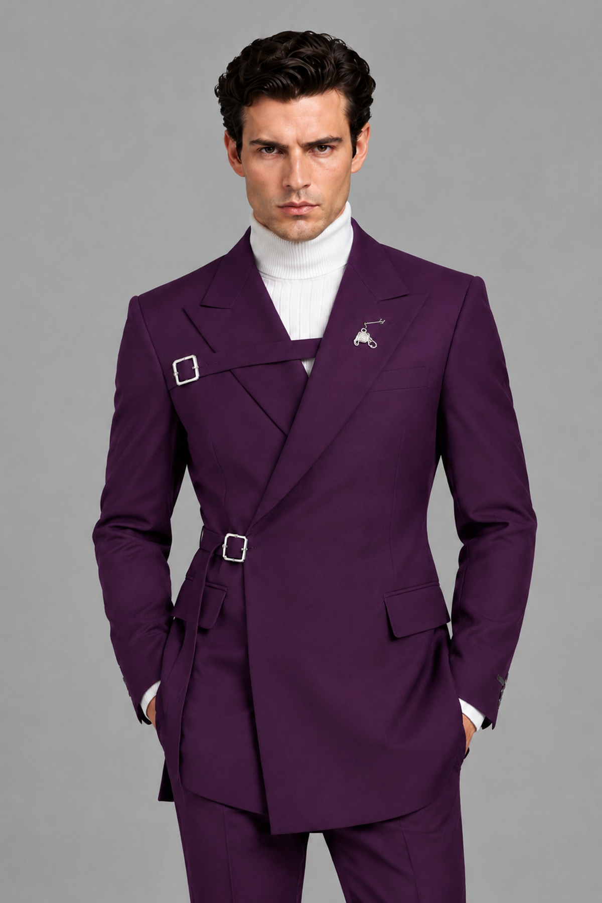 Savile Men's Plum Double Buckle Wrap Belted 2-Piece Suit Set – Peak Lapel Slim-Fit Jacket & Trousers - Plum - Plum_1