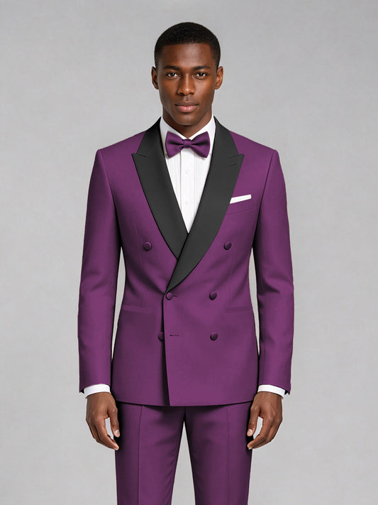 Men's Plum Double-Breasted Tuxedo Suit – Satin Shawl Lapel Plum-Tie Wedding & Gala 2-Piece Set - Plum