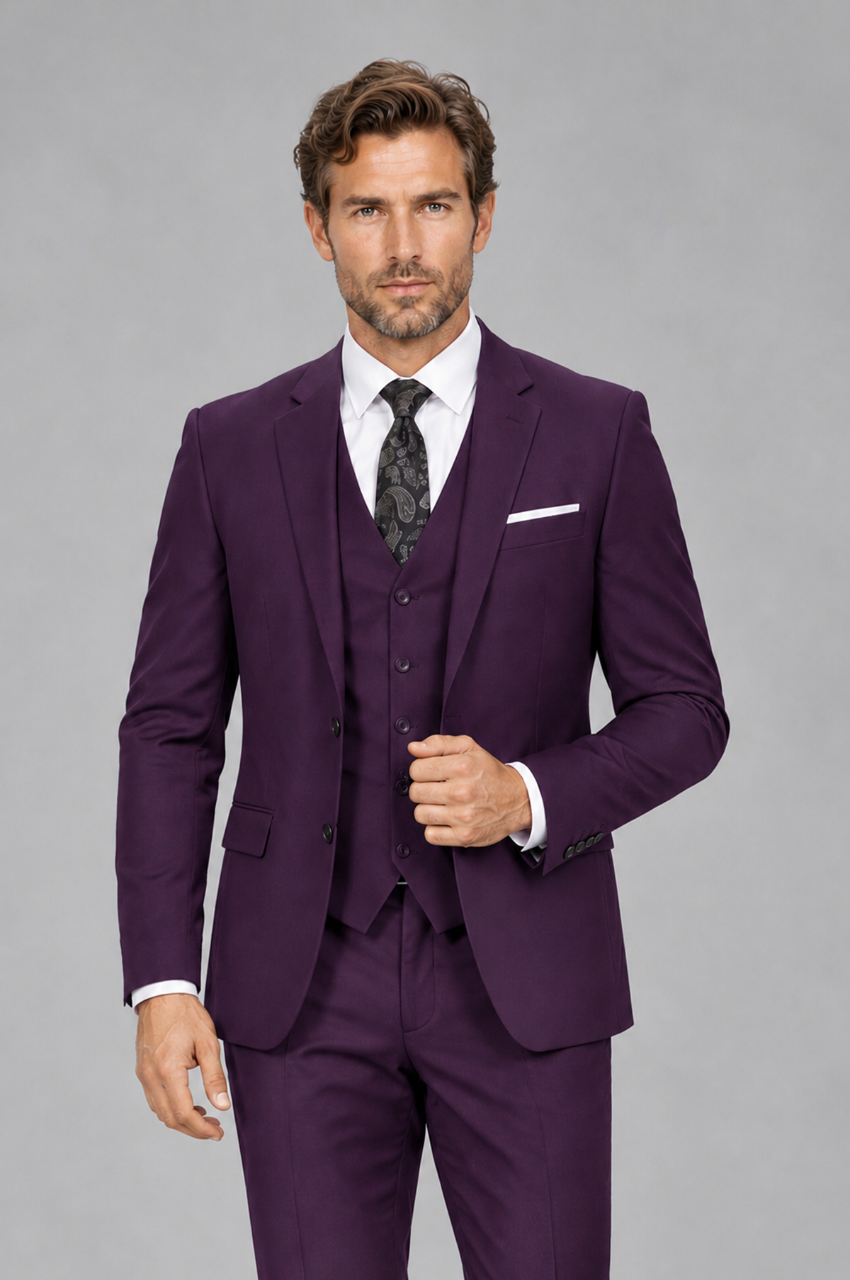 Savile Men's Plum 3-Piece Suit Set – Notch Lapel Blazer, Vest & Trousers - Plum - Plum_1