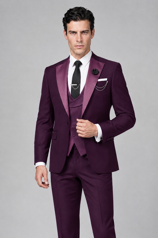 Savile Men's Plum 3-Piece Tuxedo Suit – Contrast Silver Peak Lapel & Grey Vest Formal Set - Plum - Plum_1