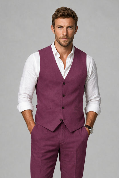 Men's Plum Linen Blend Single-Breasted V-Neck Suit Vest | Savile QX0101 - Plum