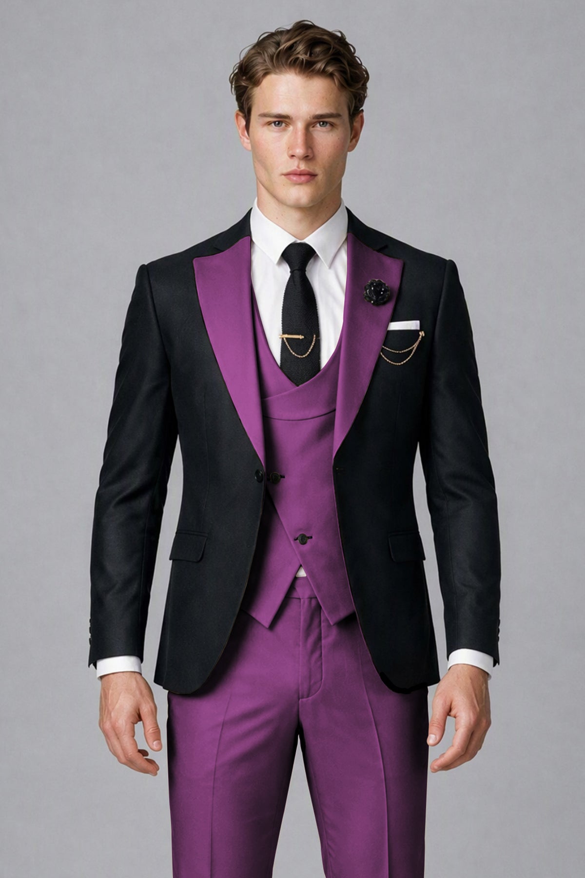 Savile Men's Black & Plum Three-Piece Wedding Suit - Plum