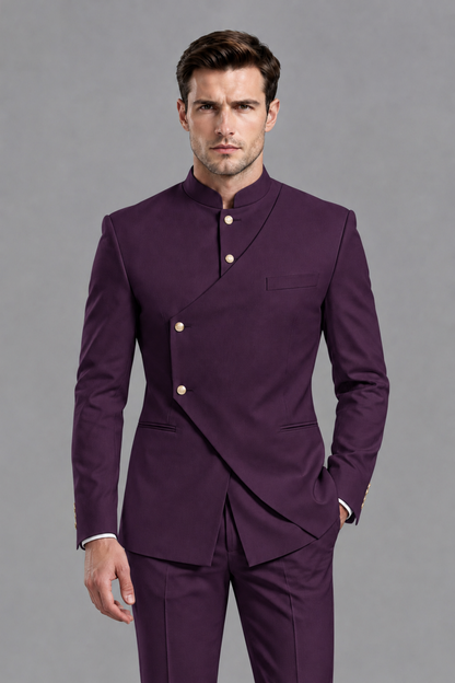 Savile Men's Plum Asymmetrical Mandarin Collar Tuxedo Suit – Modern 2-Piece Gold Button Wedding, Prom & Gala Set - Plum - Plum_1
