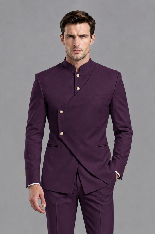 Savile Men's Plum Asymmetrical Mandarin Collar Tuxedo Suit – Modern 2-Piece Gold Button Wedding, Prom & Gala Set - Plum - Plum_1