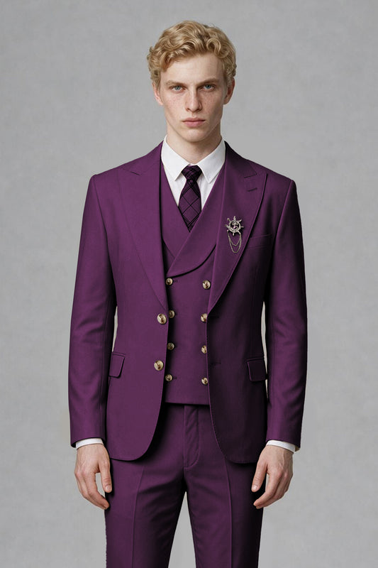 Savile Men's Plum Three-Piece Wedding Suit with Double-Breasted Waistcoat - Plum