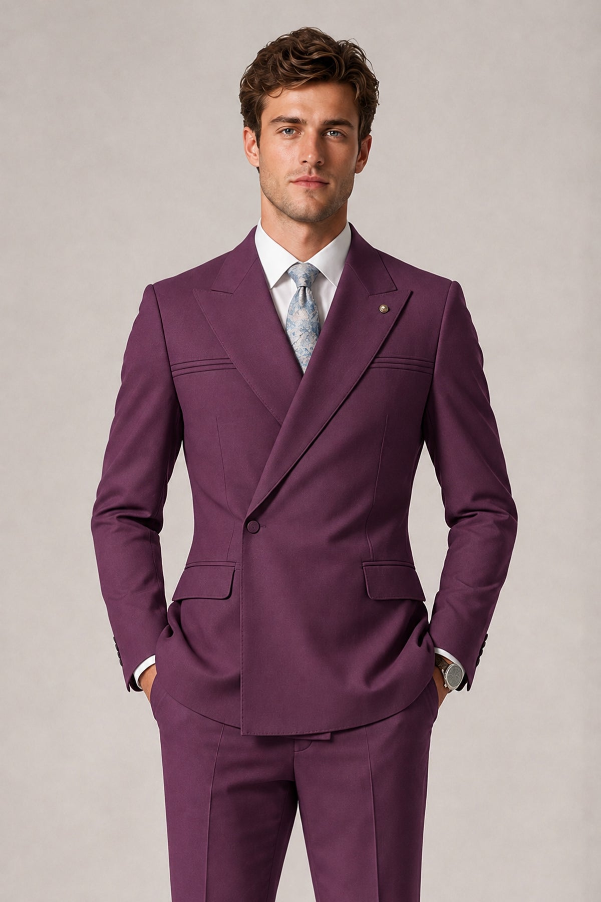 Savile Men's Plum Double-Breasted Slim Fit 2-Piece Suit Set – Peak Lapel Blazer & Cuffed Trousers | Wedding Prom Formal - Plum
