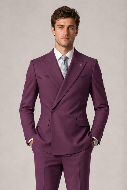 Savile Men's Plum Double-Breasted Slim Fit 2-Piece Suit Set – Peak Lapel Blazer & Cuffed Trousers | Wedding Prom Formal - Plum