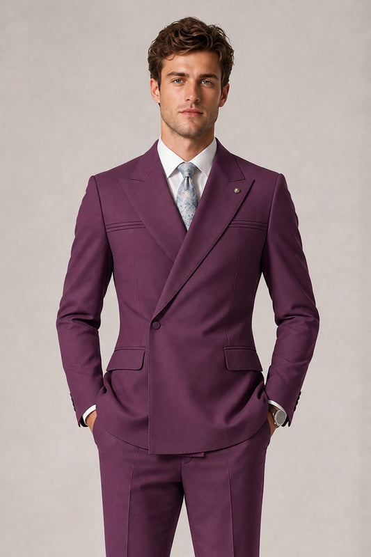 Savile Men's Plum Double-Breasted Slim Fit 2-Piece Suit Set – Peak Lapel Blazer & Cuffed Trousers | Wedding Prom Formal - Plum