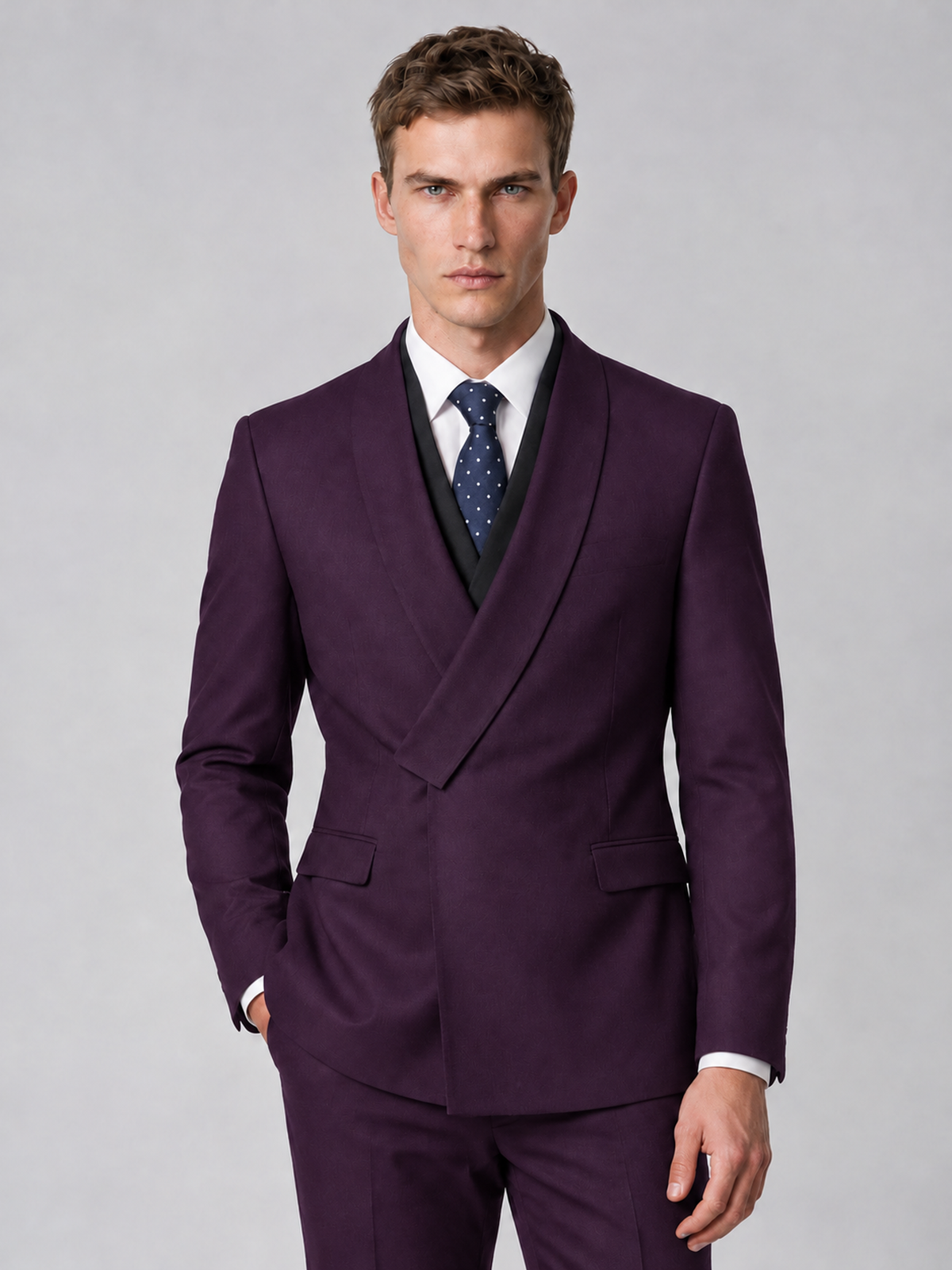 Savile Men's Plum Wrap Shawl Lapel 2-Piece Suit Set – Modern Jacket & Trousers - Plum - Plum_1