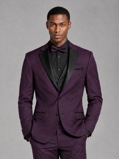 Savile Men's Plum Contrast Shawl Lapel Tuxedo Suit – 3-Piece Wedding, Prom & Black-Tie Formal Set - Plum - Plum_1