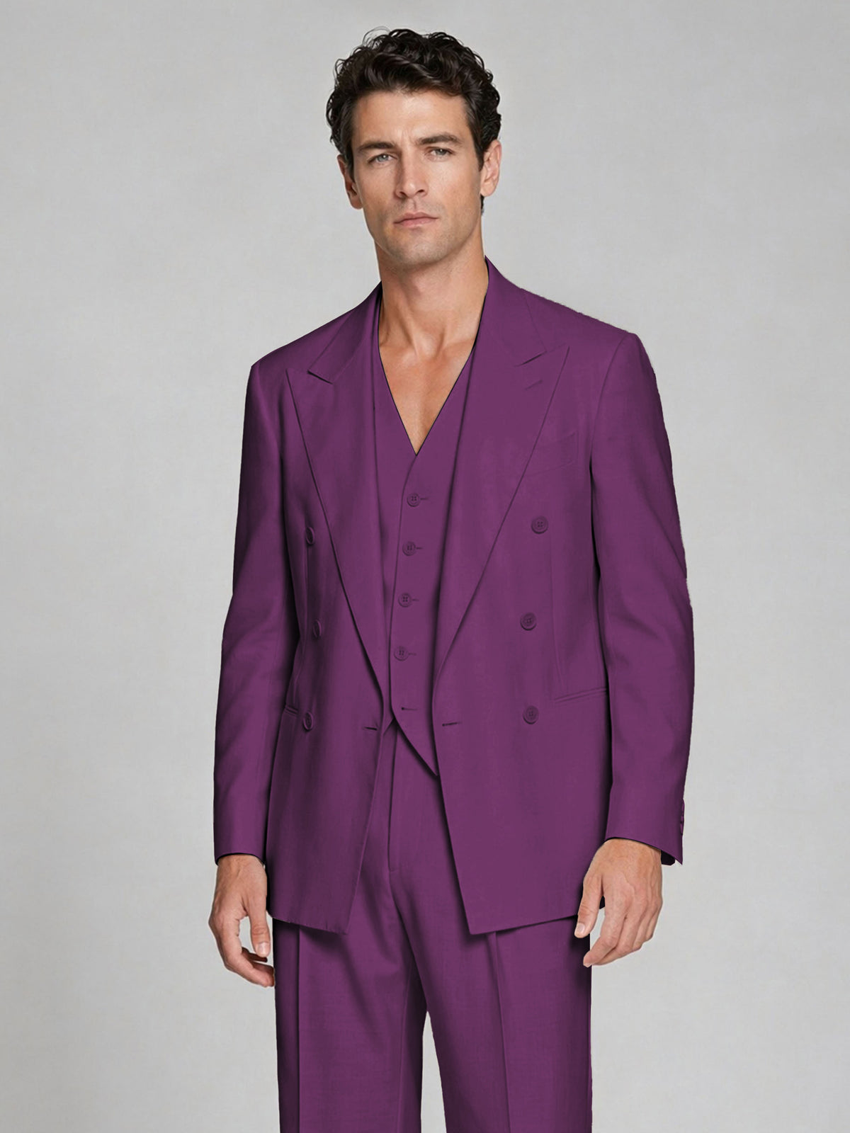 Men's Plum Double-Breasted 2-Piece Suit – Peak Lapel Wedding & Beach Formal Set with Vest - Plum