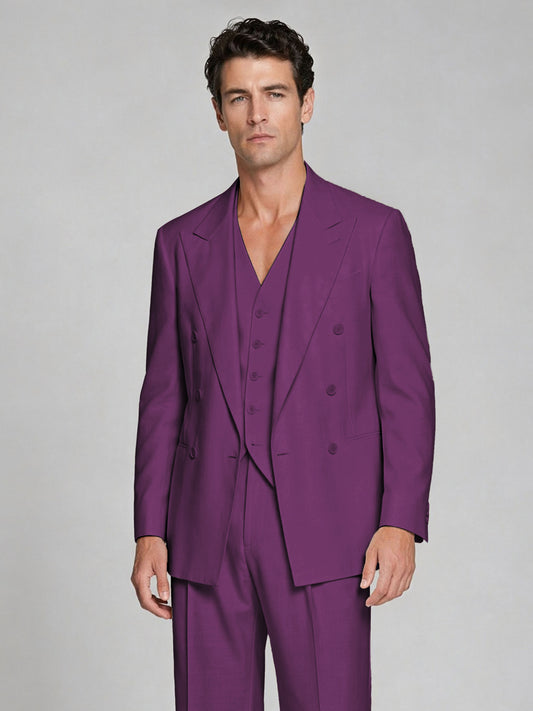 Men's Plum Double-Breasted 2-Piece Suit – Peak Lapel Wedding & Beach Formal Set with Vest - Plum