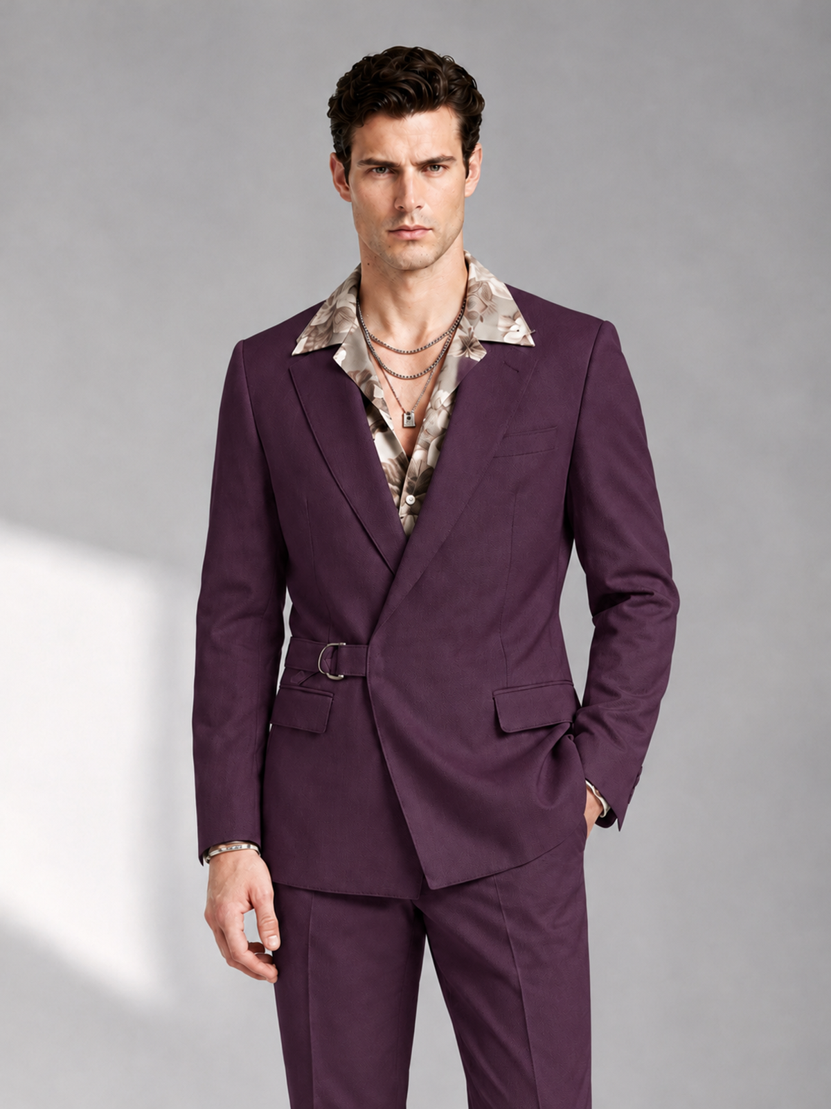 Savile Men's Plum Belted Wrap 2-Piece Suit – Peak Lapel Blazer & Tailored Trousers - SUC060 - Plum - Plum_1