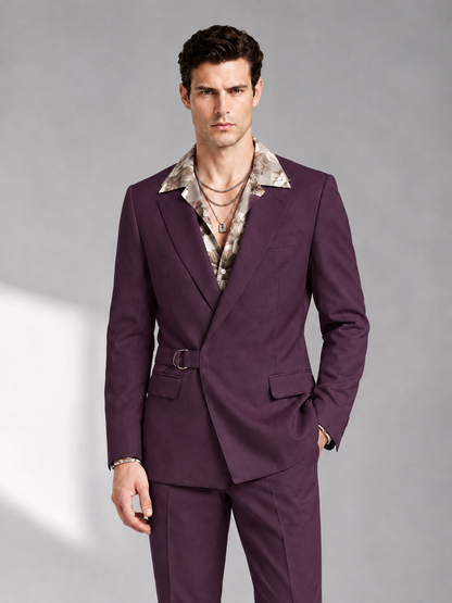 Savile Men's Plum Belted Wrap 2-Piece Suit – Peak Lapel Blazer & Tailored Trousers - SUC060 - Plum - Plum_1