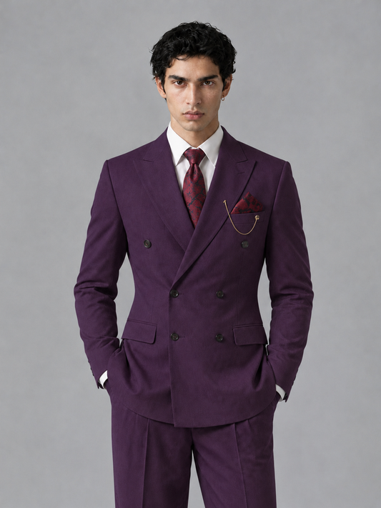 Savile Men's Plum Double-Breasted 2-Piece Suit Set – Peak Lapel Blazer & Pleated Wide-Leg Trousers - Plum - Plum_1
