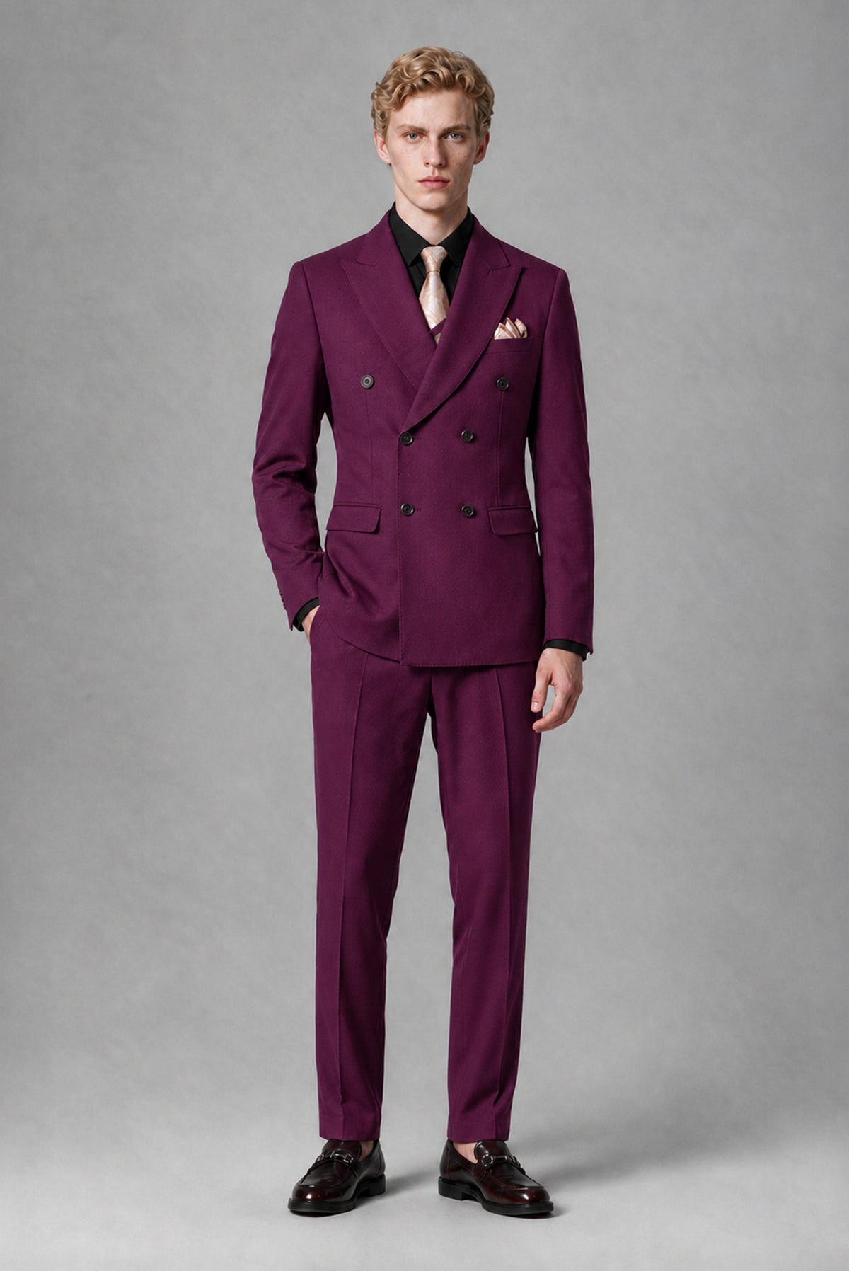 Savile Men's Plum Double-Breasted Two-Piece Suit - Plum