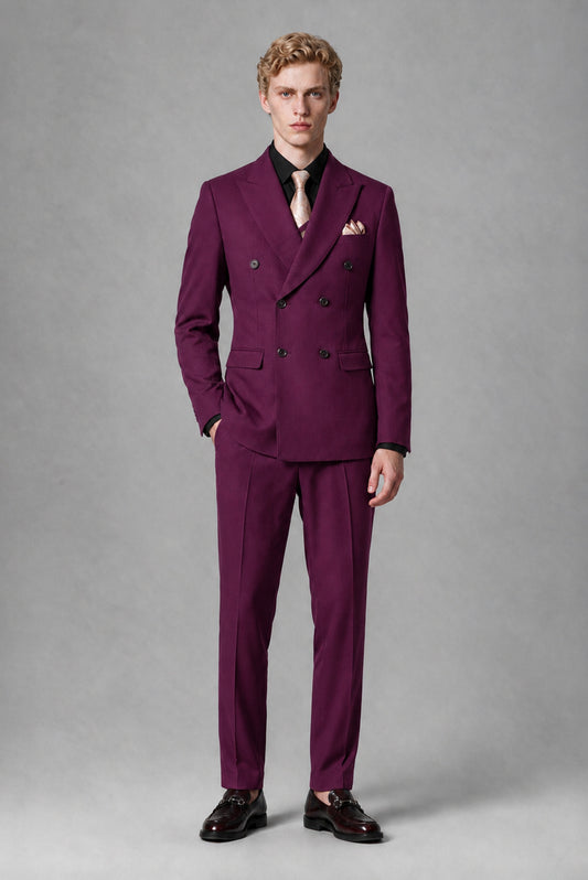 Savile Men's Plum Double-Breasted Two-Piece Suit - Plum