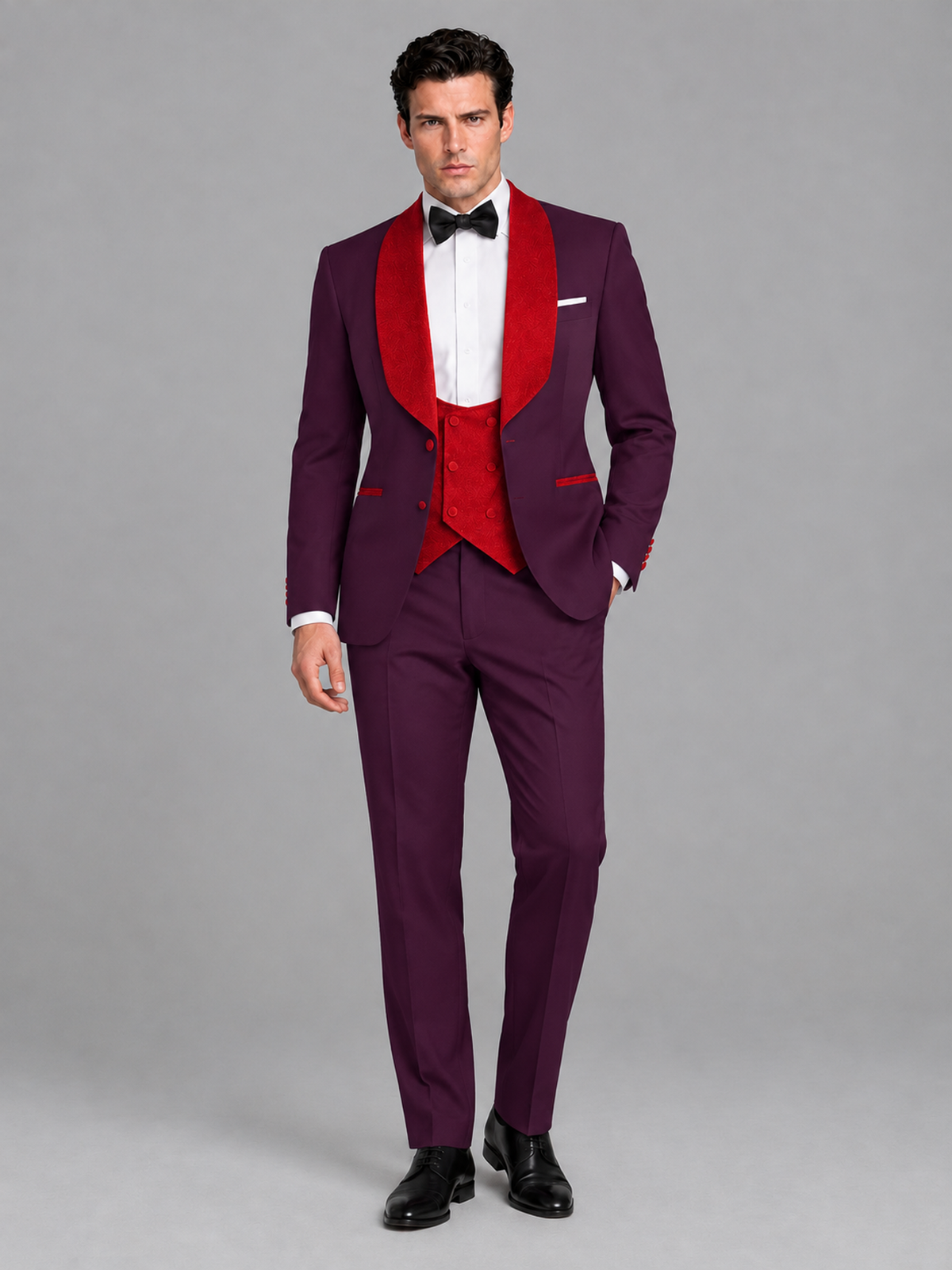 Savile Men's Plum 3-Piece Tuxedo Suit Set – Contrast Red Shawl Lapel Blazer, Red Waistcoat & Trousers - SUC020 - Plum