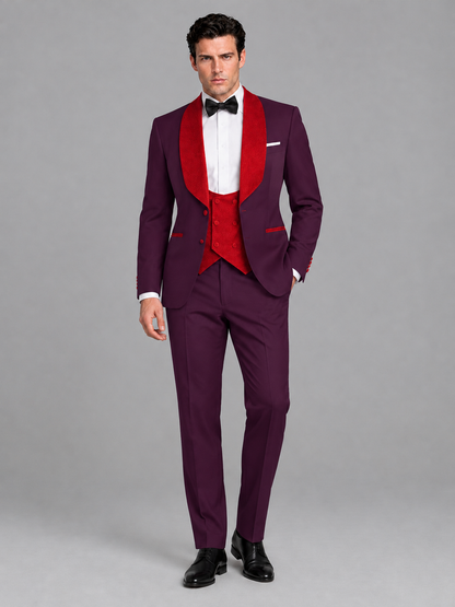 Savile Men's Plum 3-Piece Tuxedo Suit Set – Contrast Red Shawl Lapel Blazer, Red Waistcoat & Trousers - SUC020 - Plum