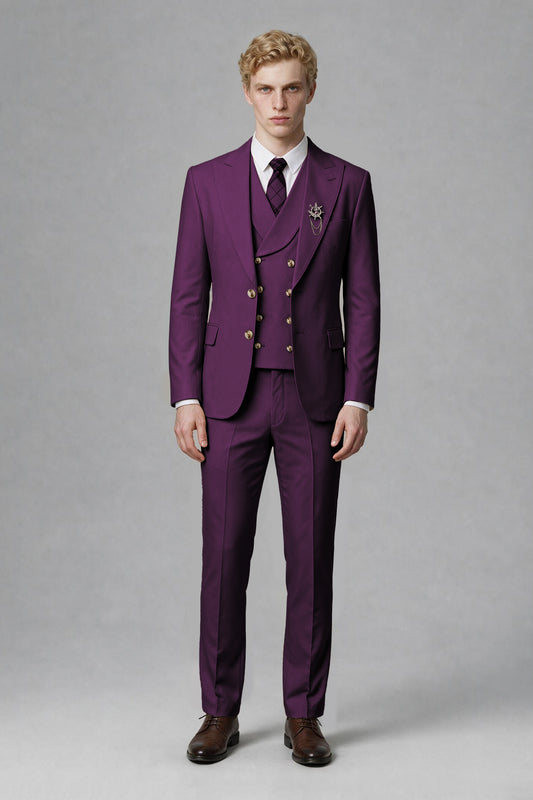 Savile Men's Plum Three-Piece Wedding Suit with Double-Breasted Waistcoat - Plum
