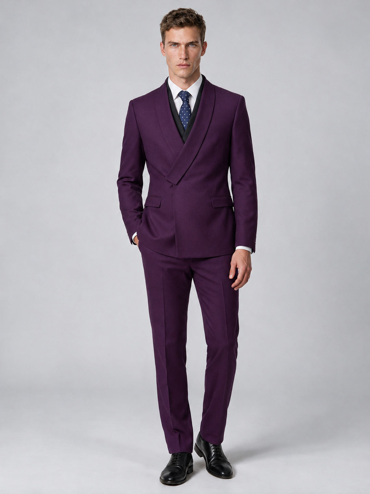Savile Men's Plum Wrap Shawl Lapel 2-Piece Suit Set – Modern Jacket & Trousers - Plum - Plum_2