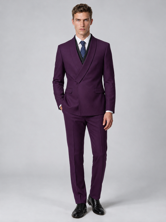 Savile Men's Plum Wrap Shawl Lapel 2-Piece Suit Set – Modern Jacket & Trousers - Plum - Plum_2