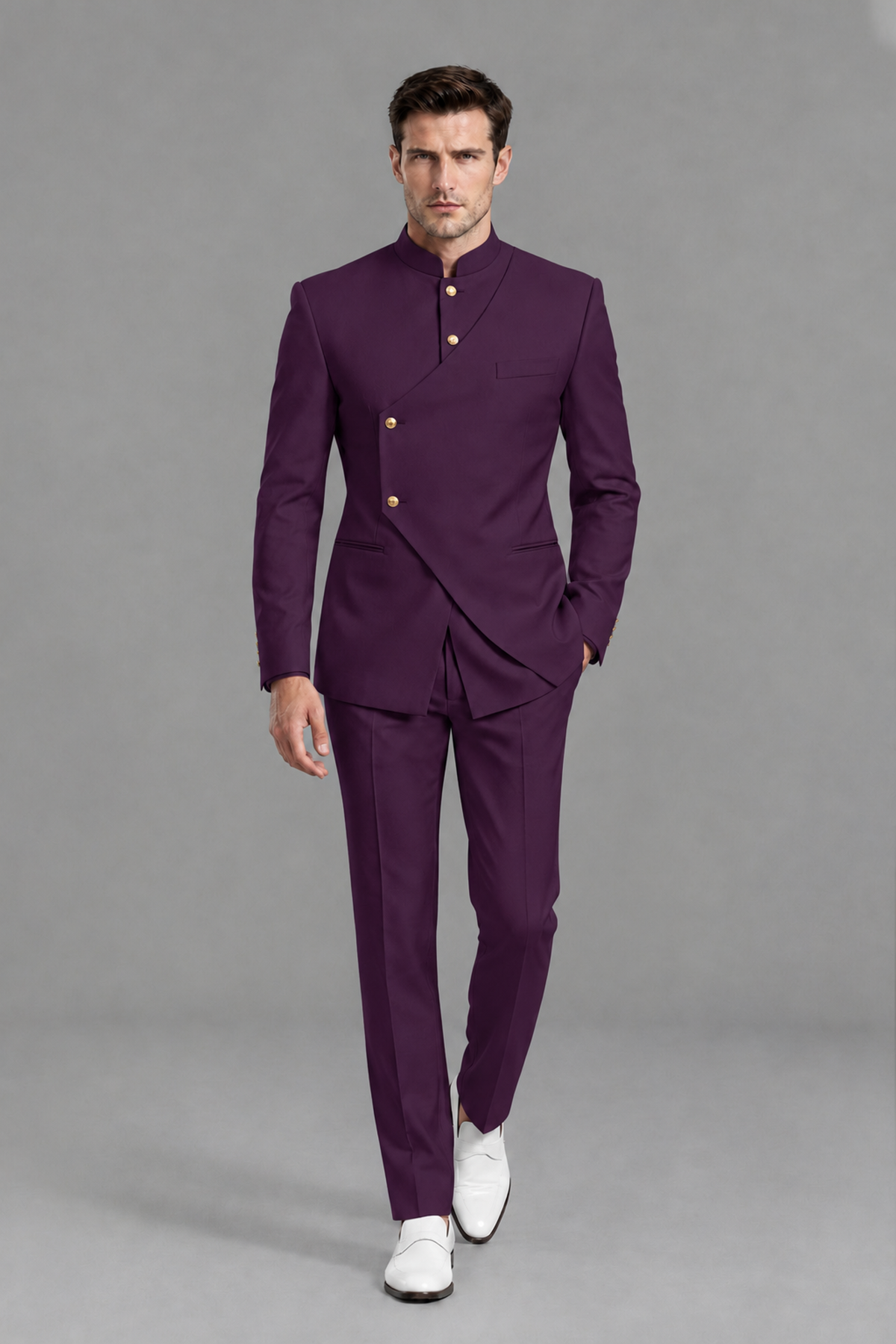 Savile Men's Plum Asymmetrical Mandarin Collar Tuxedo Suit – Modern 2-Piece Gold Button Wedding, Prom & Gala Set - Plum - Plum_2