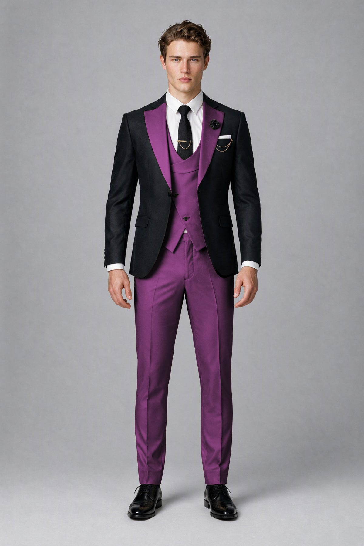 Savile Men's Black & Plum Three-Piece Wedding Suit - Plum