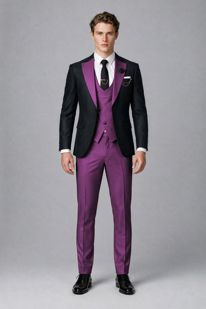 Savile Men's Black & Plum Three-Piece Wedding Suit - Plum