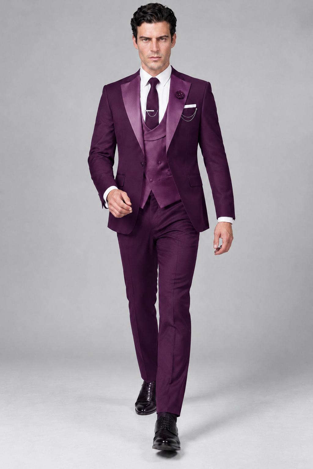 Savile Men's Plum 3-Piece Tuxedo Suit – Contrast Silver Peak Lapel & Grey Vest Formal Set - Plum - Plum_2