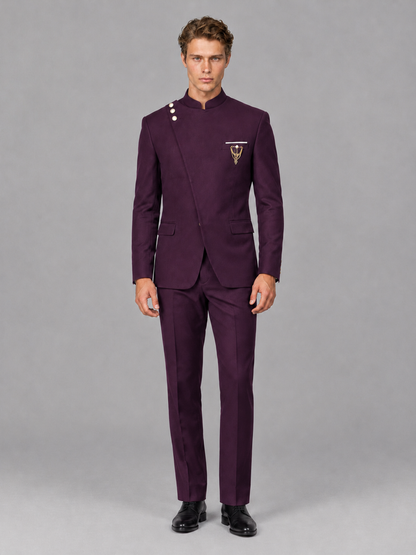 Savile Men's Plum Mandarin Collar Asymmetrical 2-Piece Suit Set – Modern Jacket & Trousers - Plum - Plum_2