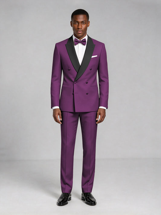 Men's Plum Double-Breasted Tuxedo Suit – Satin Shawl Lapel Plum-Tie Wedding & Gala 2-Piece Set - Plum