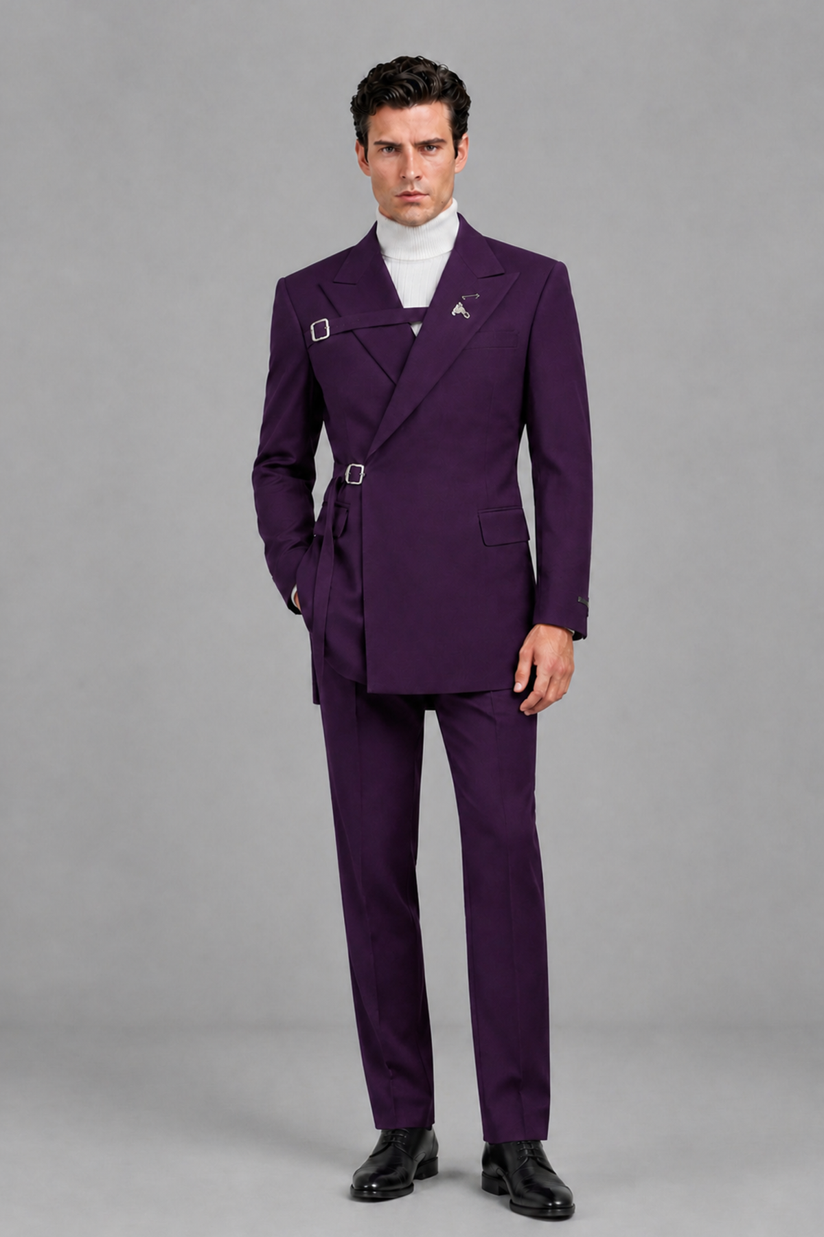 Savile Men's Plum Double Buckle Wrap Belted 2-Piece Suit Set – Peak Lapel Slim-Fit Jacket & Trousers - Plum - Plum_2