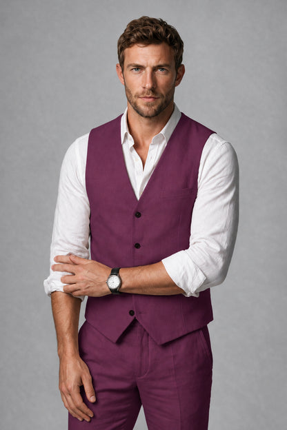 Men's Plum Linen Blend Single-Breasted V-Neck Suit Vest | Savile QX0101 - Plum