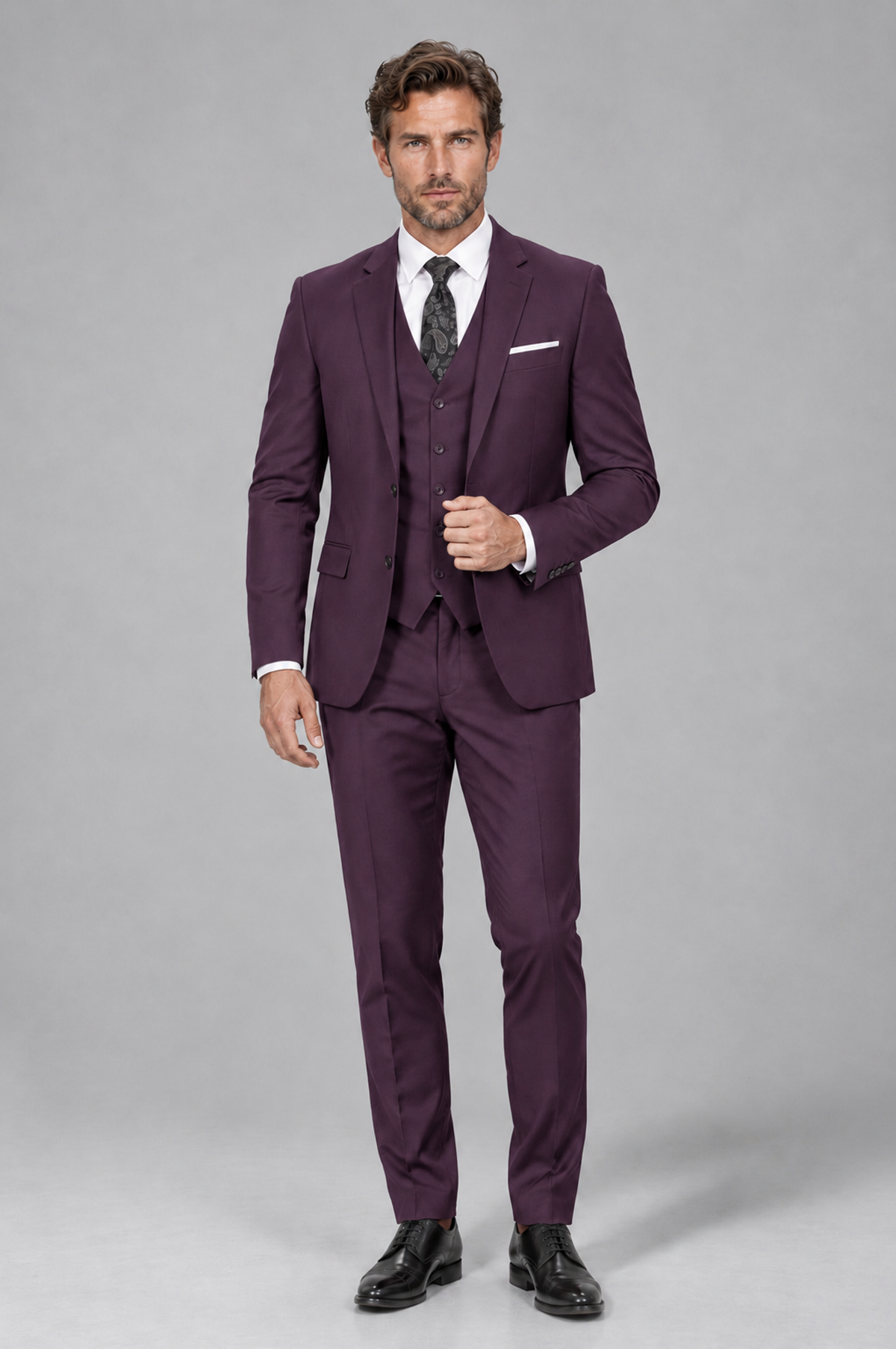 Savile Men's Plum 3-Piece Suit Set – Notch Lapel Blazer, Vest & Trousers - Plum - Plum_2