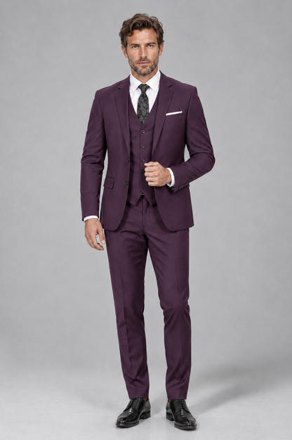 Savile Men's Plum 3-Piece Suit Set – Notch Lapel Blazer, Vest & Trousers - Plum - Plum_2