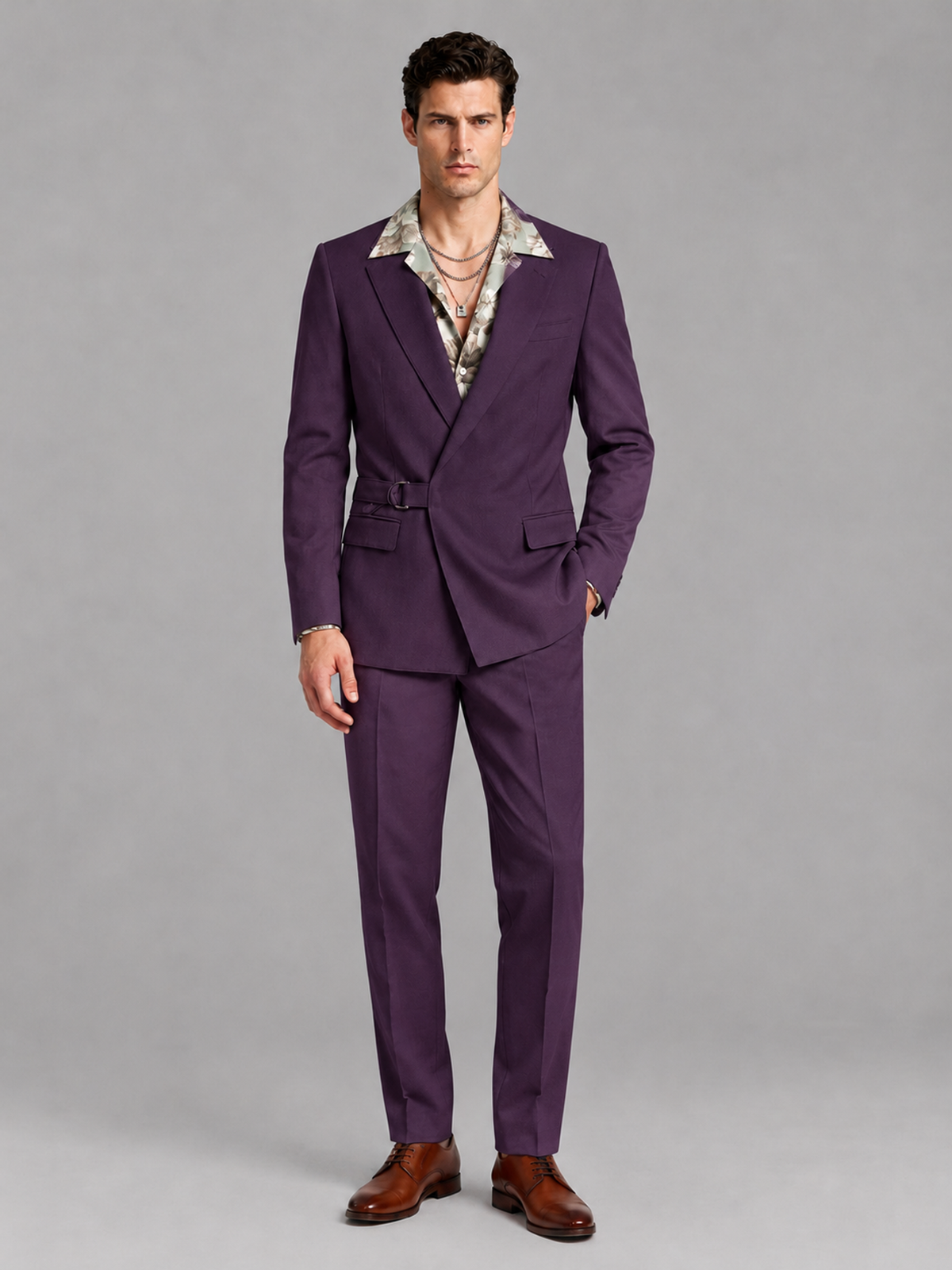 Savile Men's Plum Belted Wrap 2-Piece Suit – Peak Lapel Blazer & Tailored Trousers - SUC060 - Plum - Plum_2