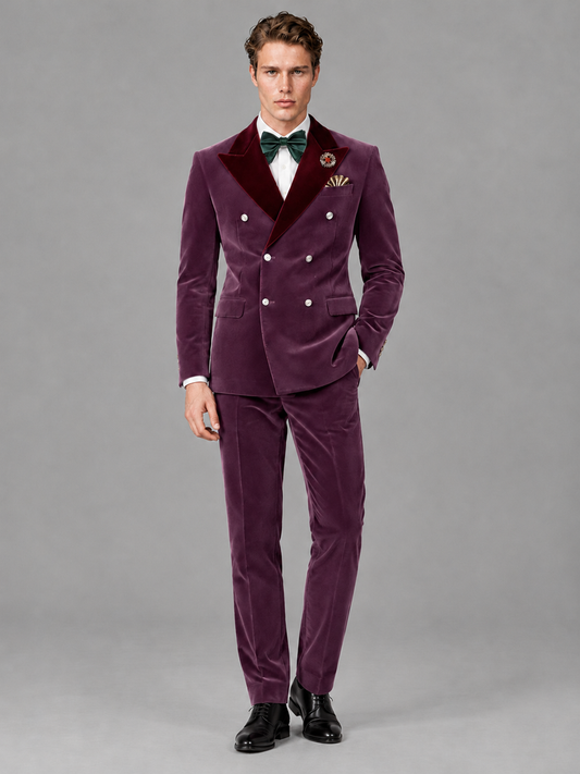 Savile Men's Plum Velvet Double-Breasted 2-Piece Tuxedo Suit with Burgundy Peak Lapel - Plum
