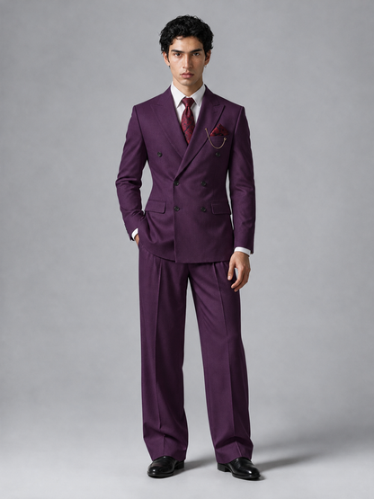 Savile Men's Plum Double-Breasted 2-Piece Suit Set – Peak Lapel Blazer & Pleated Wide-Leg Trousers - Plum - Plum_2