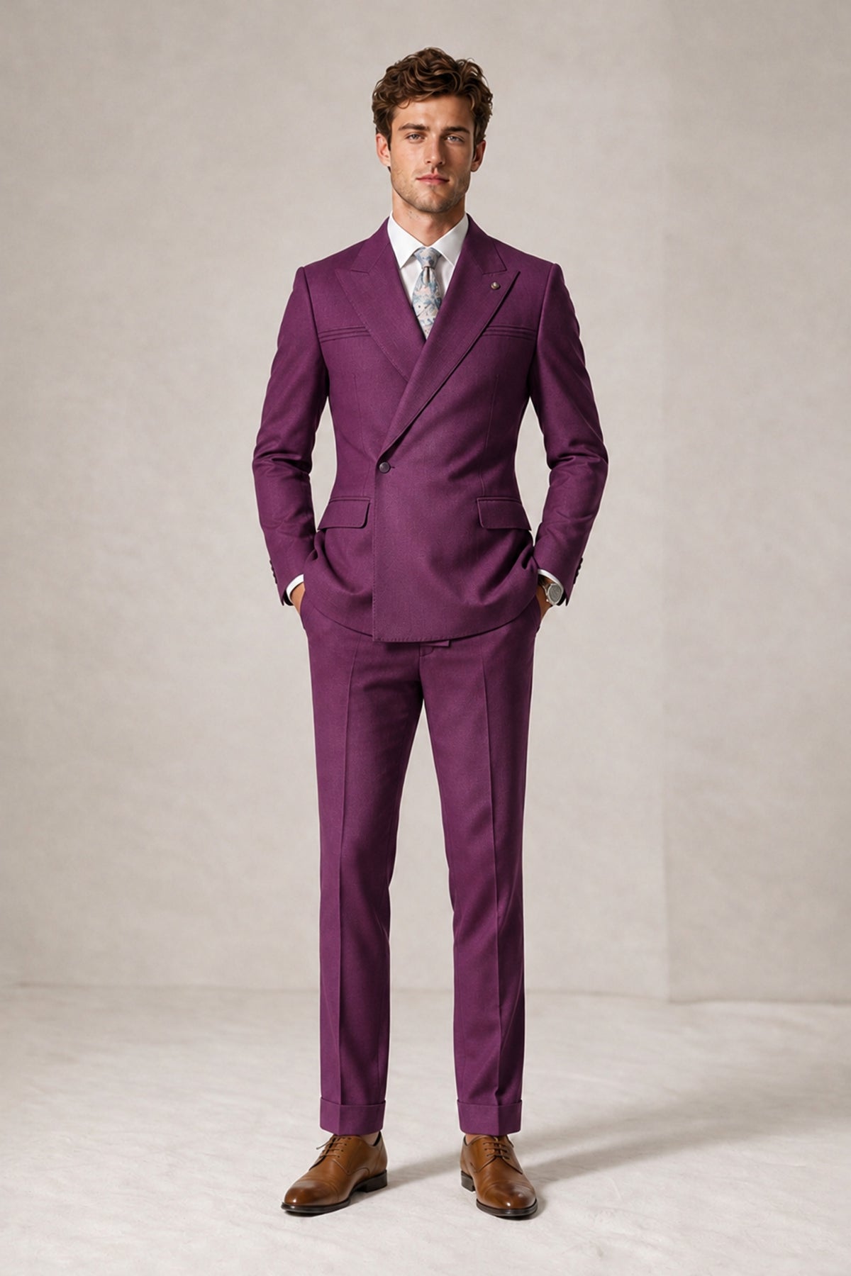 Savile Men's Plum Double-Breasted Slim Fit 2-Piece Suit Set – Peak Lapel Blazer & Cuffed Trousers | Wedding Prom Formal - Plum
