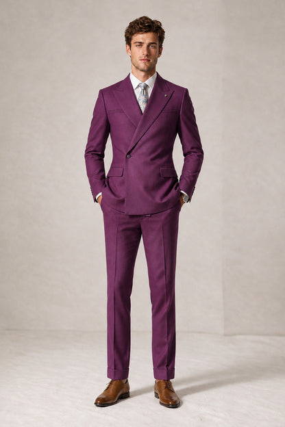 Savile Men's Plum Double-Breasted Slim Fit 2-Piece Suit Set – Peak Lapel Blazer & Cuffed Trousers | Wedding Prom Formal - Plum